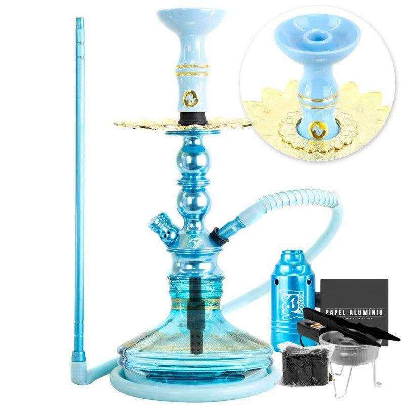 Small Zeus Single Hookah Light Blue Genie Breeze Vase Alusi Plate ArguileBr Silicone Hose Alusi Kiso Complete Bowl