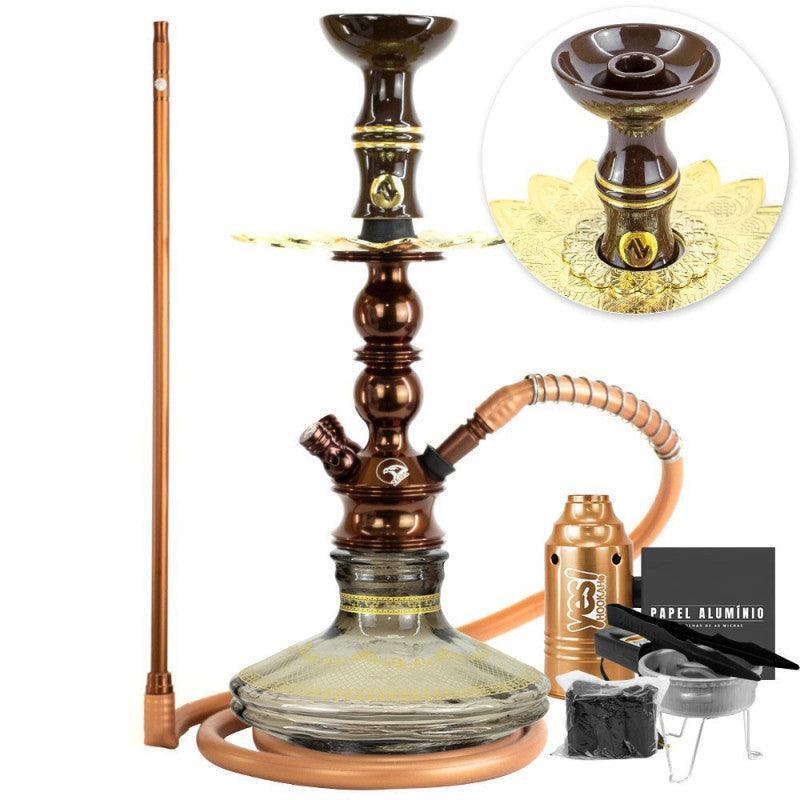 Small Zeus Single Hookah Brown Glossy Gold Stripe Vase Alusi Plate ArguileBr Mouthpiece Silicone Alusi Kiso Complete Bowl