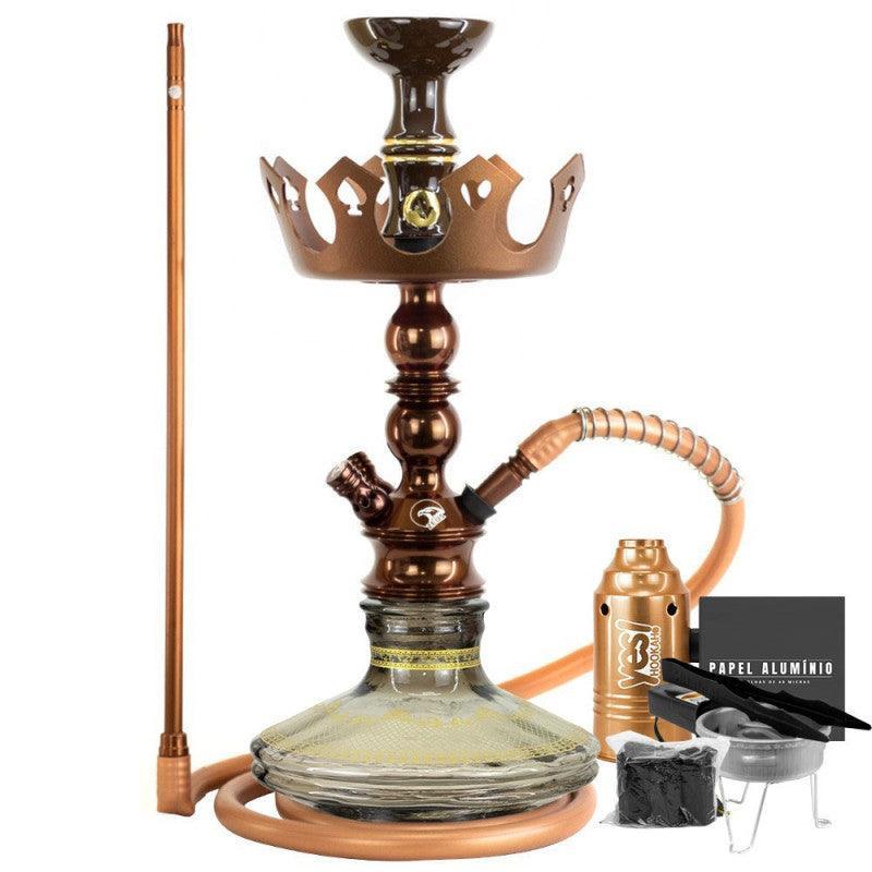 Small Hookah Zeus Single Brown Gloss Striped Gold Vase Crown Nozzle HookahBr Silicone Alusi Kiso Bowl Complete