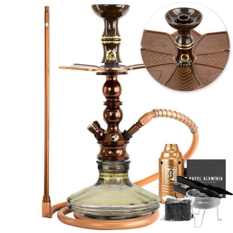 Small Hookah Zeus Single Brown Gloss Striped Gold Vase Flush Plate ArguileBr Silicone Hose Alusi Kiso Bowl Complete