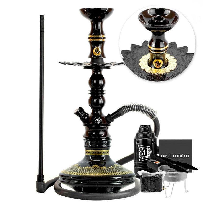 Small Hookah Zeus Single Glossy Black Brisas Genie Vase Alusi Plate Hookah Hose Silicone Alusi Kiso Bowl Complete