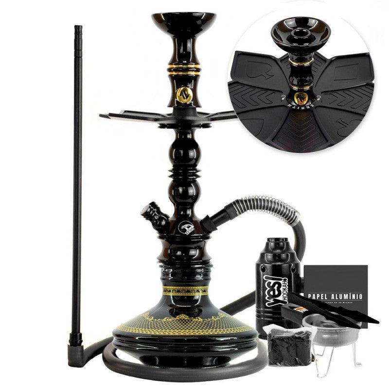 Small Zeus Single Glossy Black Hookah with Brisas Genie Vase, Flush Plate, ArguileBr Silicone Hose, and Complete Alusi Kiso Bowl