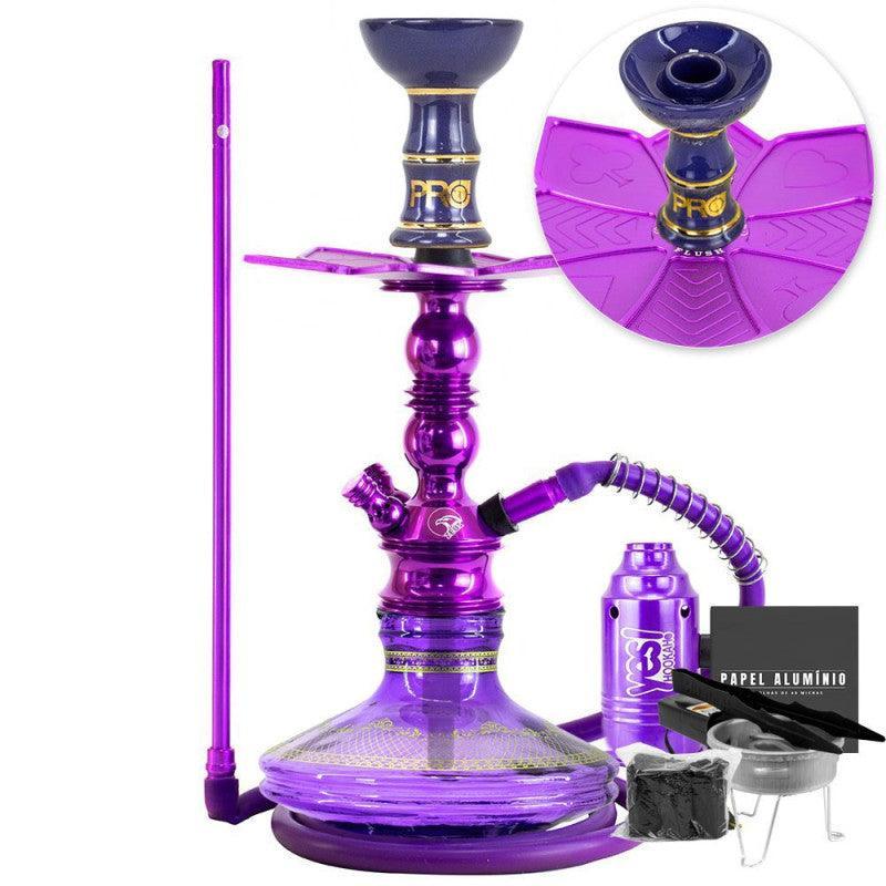Zeus Small Single Hookah Purple Glitter Gold Stripe Vase Flush Plate Silicone Hose Alusi Kiso Complete