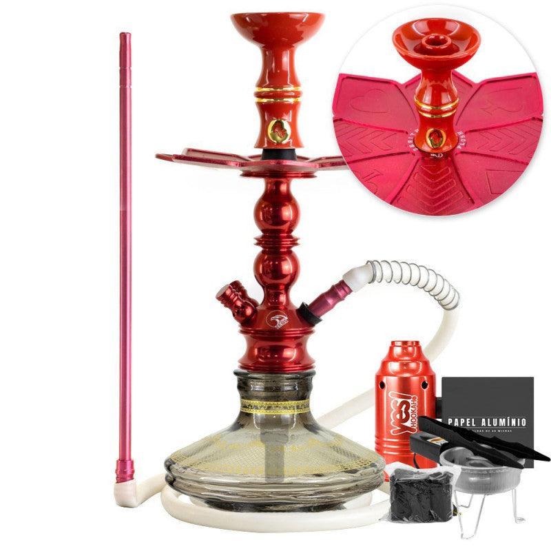 Small Zeus Single Red Glow Hookah Gold Striped Vase Flush Tray Silicone Hookah Hose Alusi Kiso Complete Bowl